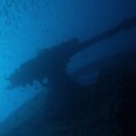 Akterkanonen på Thistlegorm i silhuett mot blået, under en stim av småfisk
