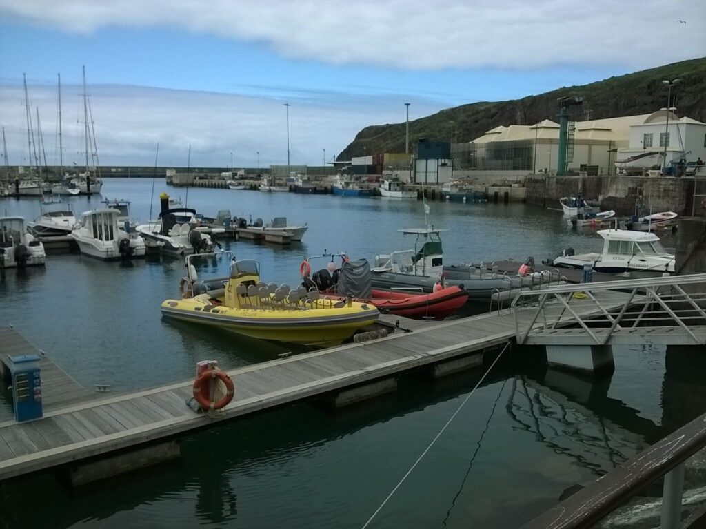 RIB-båter, en gul med seterader og en rød, fortøyd ved bryggen i marinaen i Vila do Porto, med seilbåter og fiskebåter i bakgrunnen under en grønn klippe og en skyet himmel