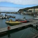RIB-båter, en gul med seterader og en rød, fortøyd ved bryggen i marinaen i Vila do Porto, med seilbåter og fiskebåter i bakgrunnen under en grønn klippe og en skyet himmel