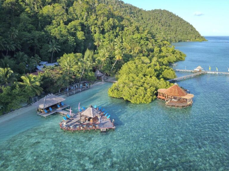 Bryggene på Raja Ampat Dive Lodge ved foten av en skogkledd ås
